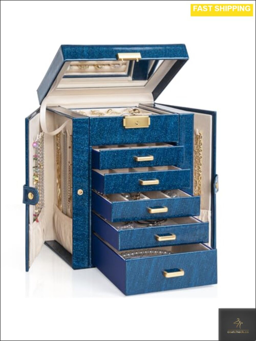 6-Tier Jewelry Box 5 Drawers Faux Leather Velvet Lined Lockable Organizer Women